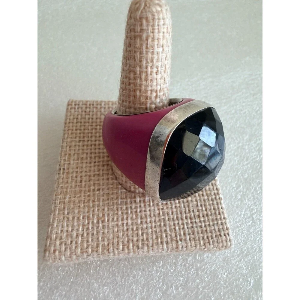 Signed AF 925 Sterling Silver Pink Resin Faceted Black Onyx Dome Ring Size 6.5